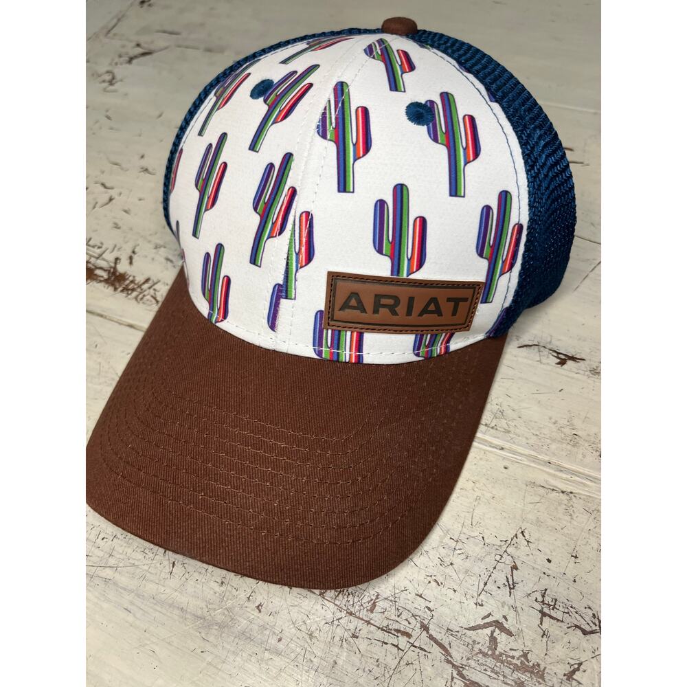 Ariat Trucker Hat Cactus Print Snapback Brown Brim Blue Mesh